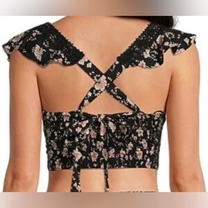 NWT Free People Bijou Square Neck Cap Ruffle Shoulder Tie Back Detail Floral